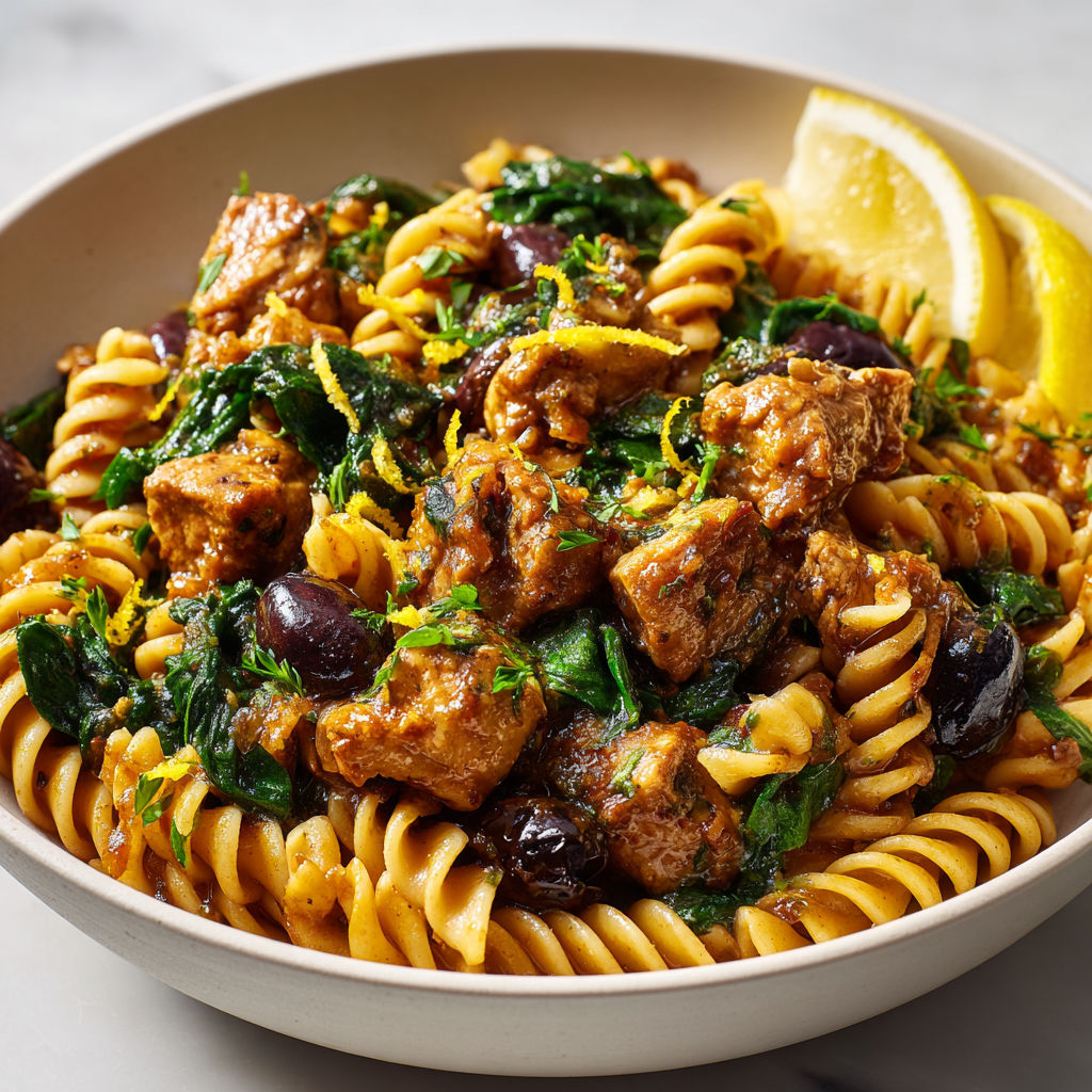 Une assiette de pâtes au ragoût de porc à la mijoteuse, avec des légumes verts et des olives.