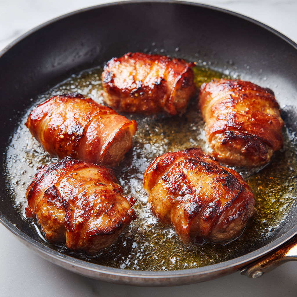 Crépinette de porc croustillante à l’extérieur et tendre à cœur, cuisson rapide à la poêle.