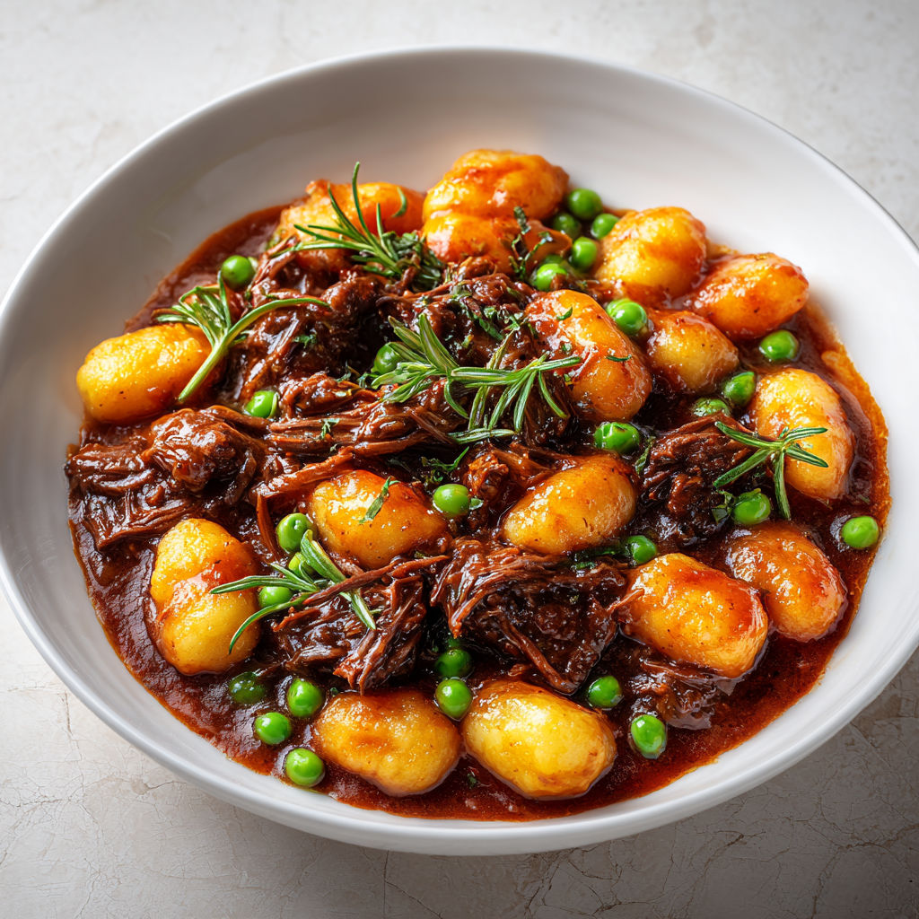 Gnocchis au bœuf mijoté et romarin parfumé en sauce riche au vin rouge.