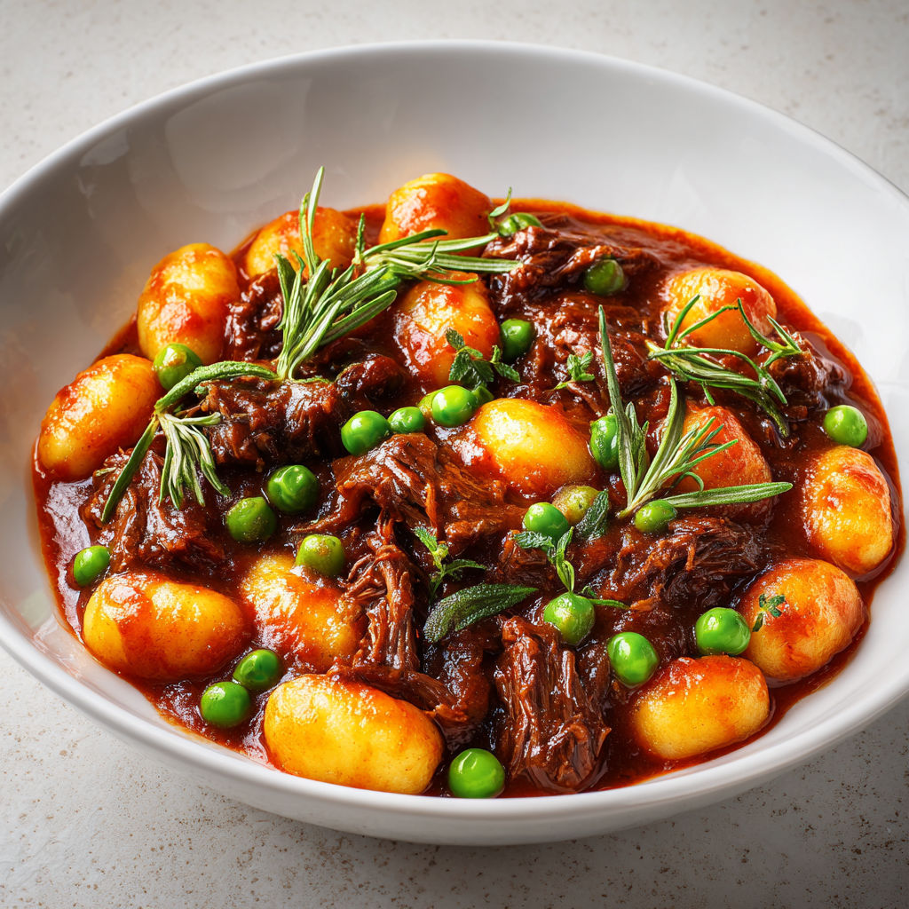 Gnocchis fondants au bœuf braisé, petits pois et romarin dans une sauce mijotée.