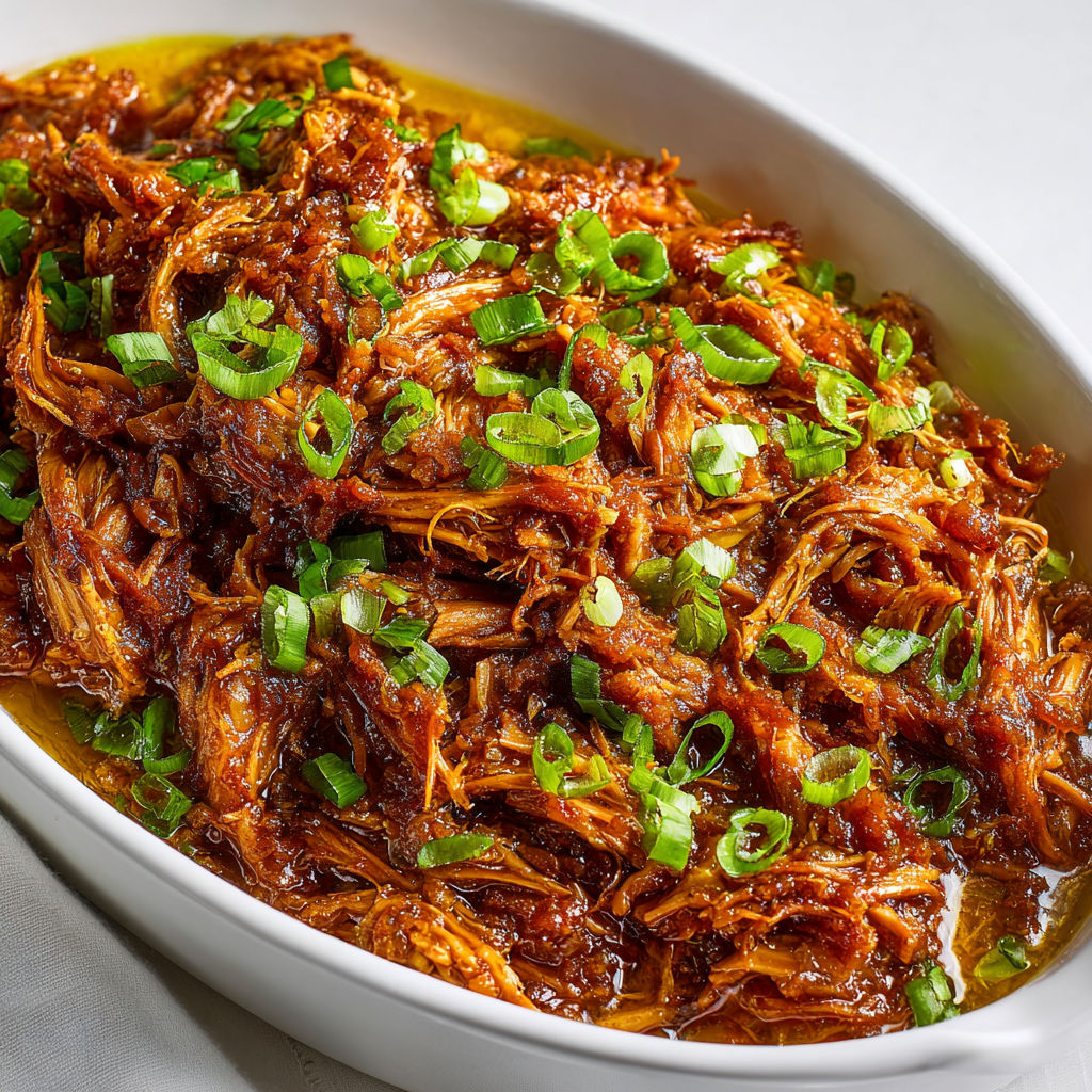 Porc effiloché sucré-salé mijoté lentement en sauce soja et cassonade au cari vert.