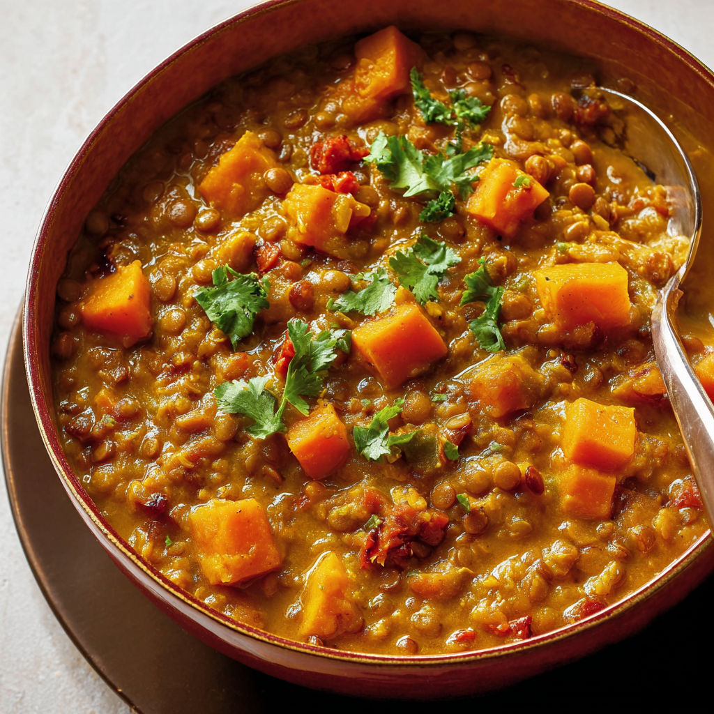 Une casserole de lentilles et de courge.