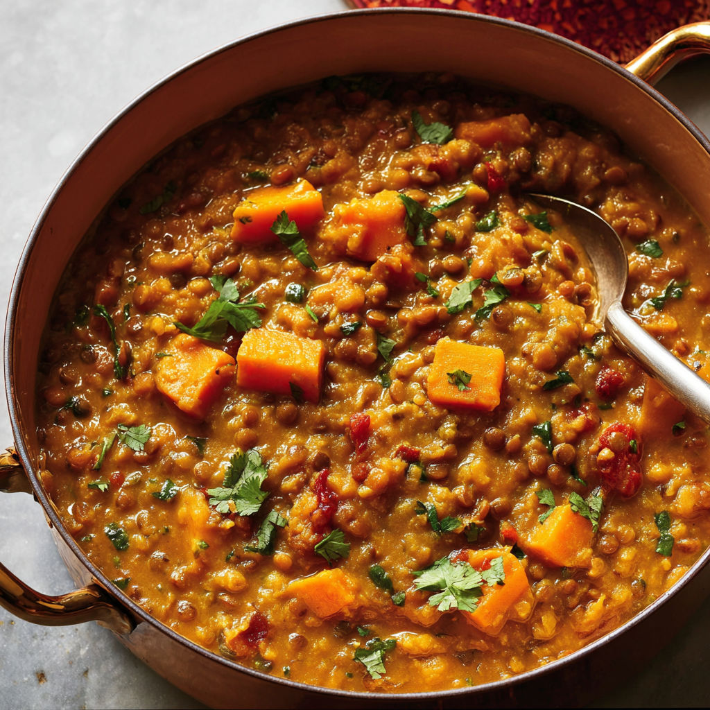 Cari de lentilles et courge butternut au lait de coco et épices douces mijotées.