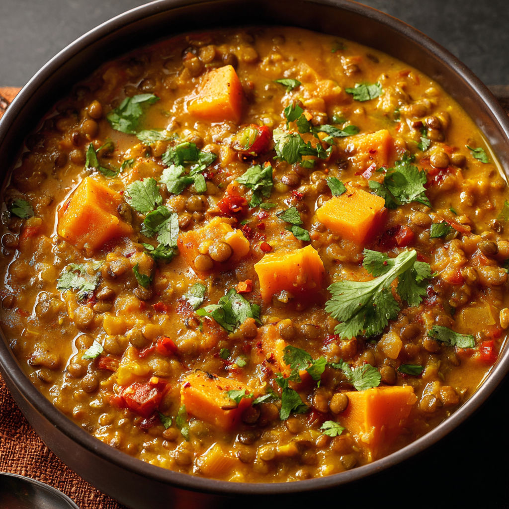 Cari onctueux de lentilles vertes et rouges à la courge et sauce coco parfumée.