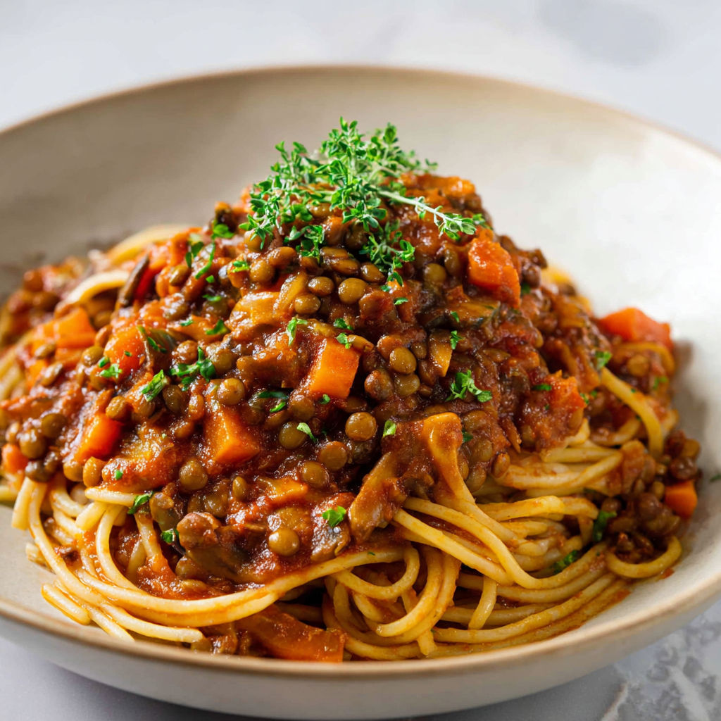 Une assiette de spaghetti aux lentilles et aux champignons