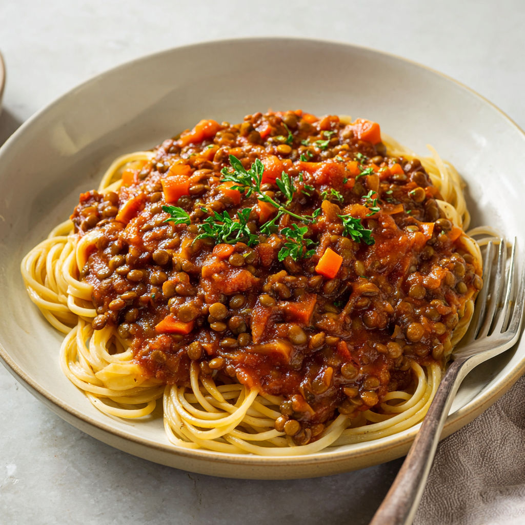 Sauce spaghetti aux lentilles et champignons mijotés façon bolognaise végétale riche en légumes.