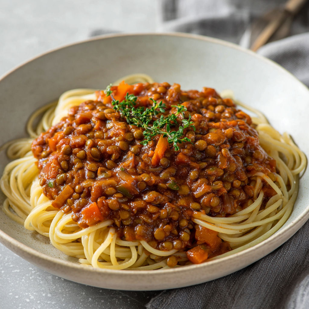 Sauce bolognaise aux lentilles brunes et champignons, mijotée lentement dans une base tomate parfumée.