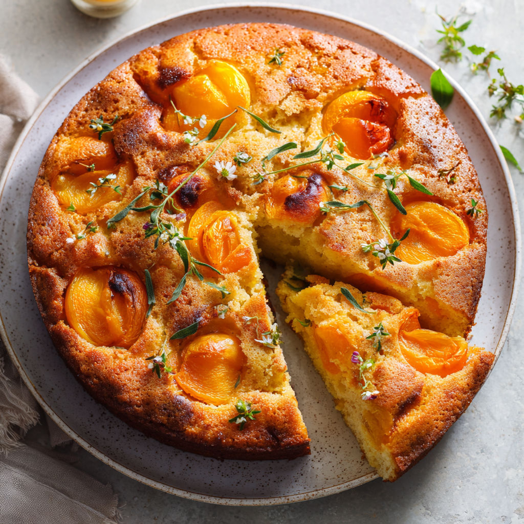 Gâteau aux abricots mûrs et verveine fraîche, texture moelleuse aux notes d’amande douce.