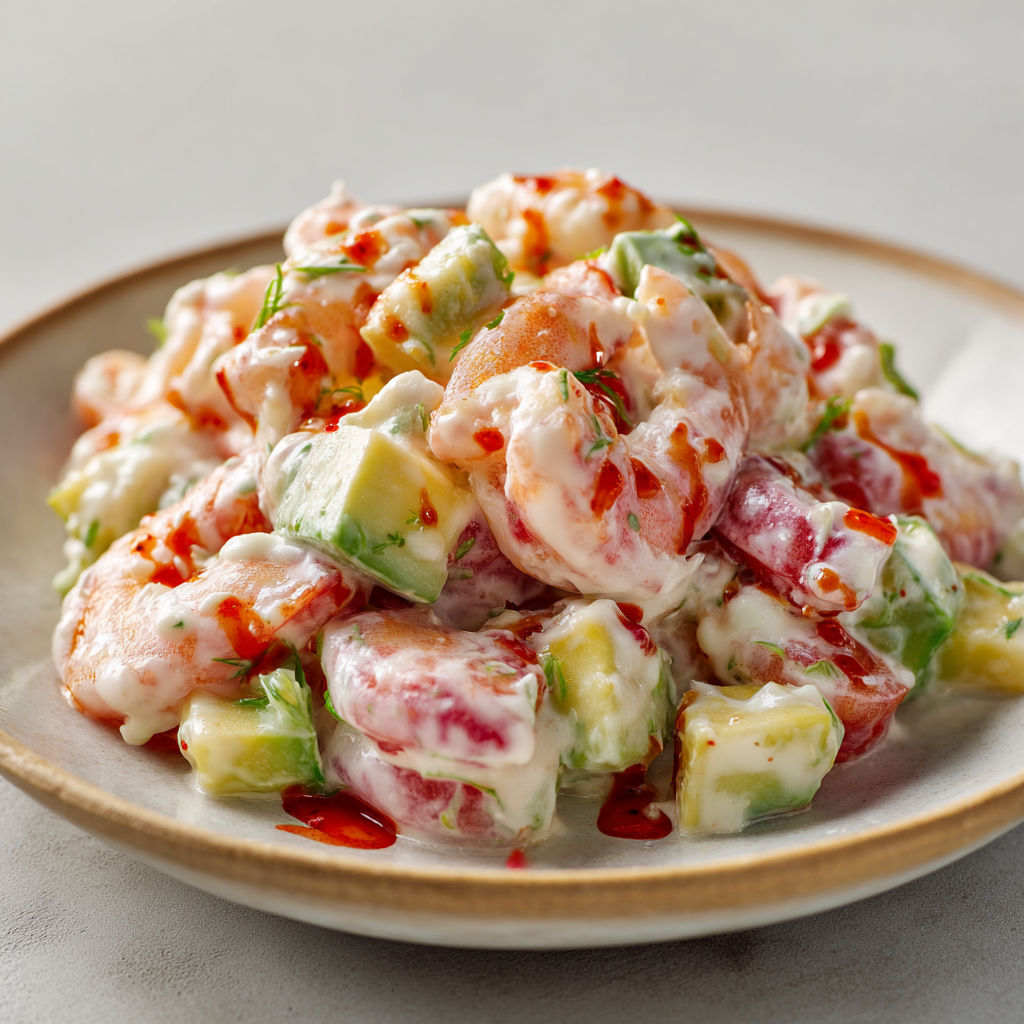 Salade gourmande de crevettes aux billes de fruits et légumes, sauce cocktail truffée.