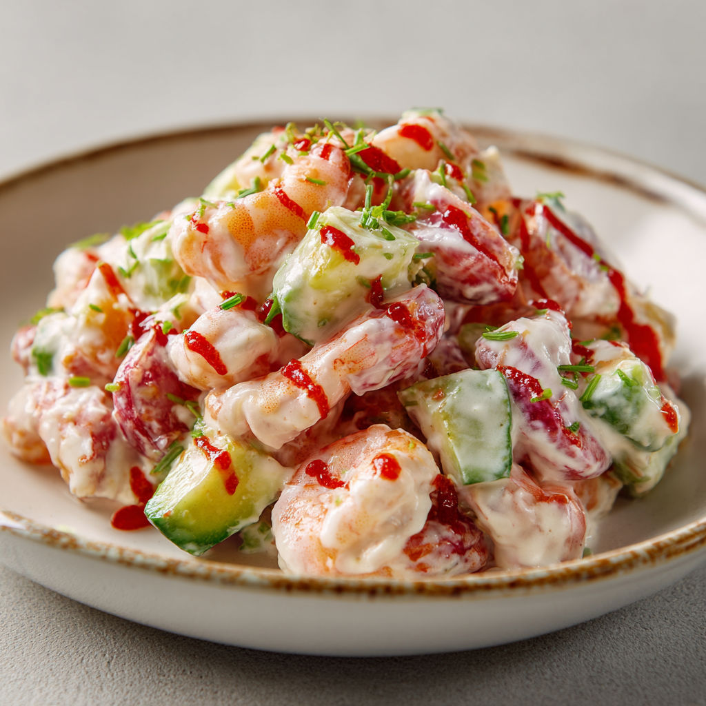 Salade de crevettes fraîches aux pommes Granny Smith, avocat et tomates avec vinaigre de truffe.