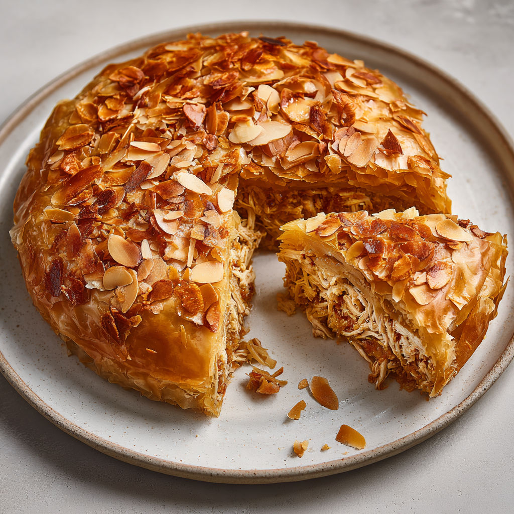 Une part de Pastilla au poulet est servie sur un plateau.