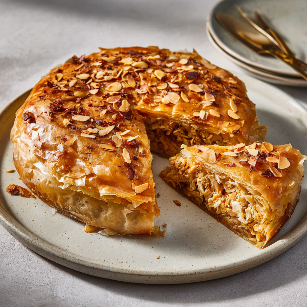 Pastilla croustillante au poulet fermier parfumée à la cannelle, safran et fleur d’oranger.