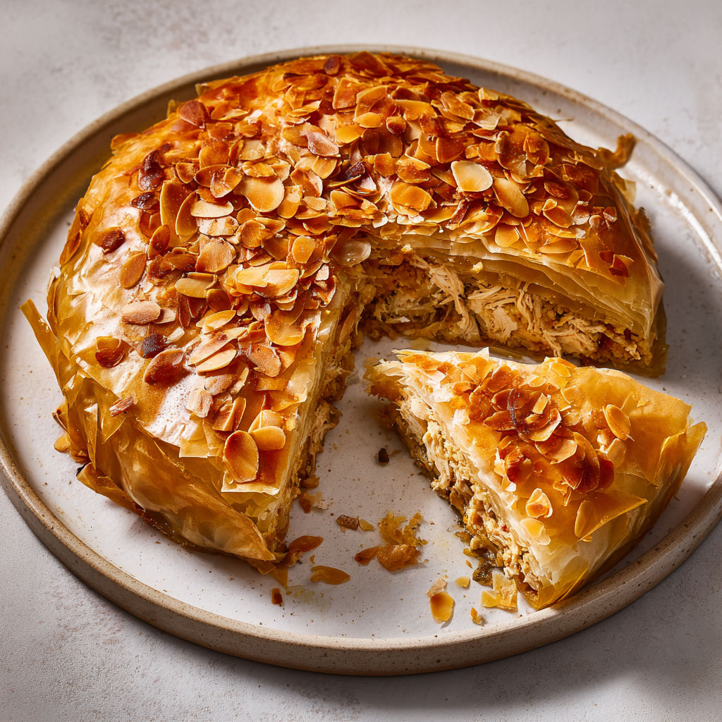 Pastilla traditionnelle au poulet effiloché, amandes et feuilles de brick dorées.