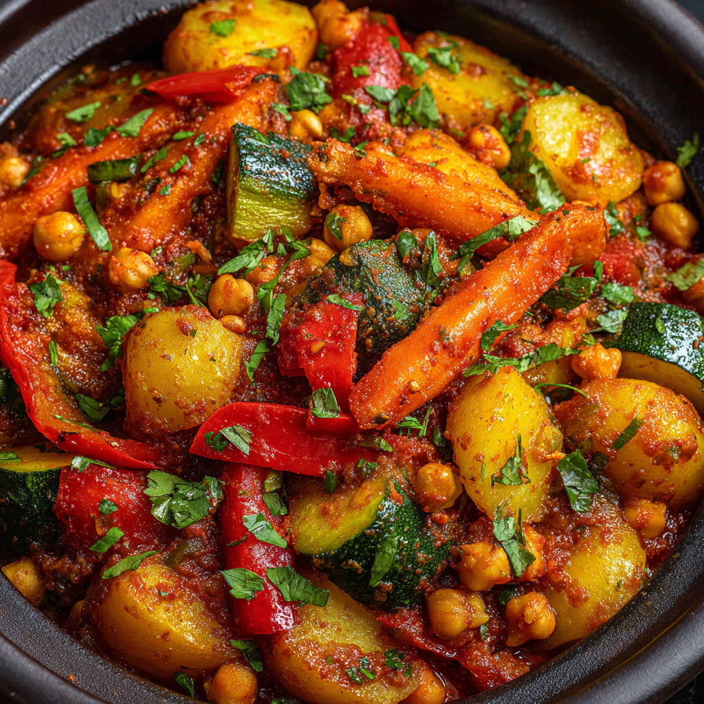 Tajine de légumes fondants aux épices douces et pois chiches parfumés à la coriandre fraîche.