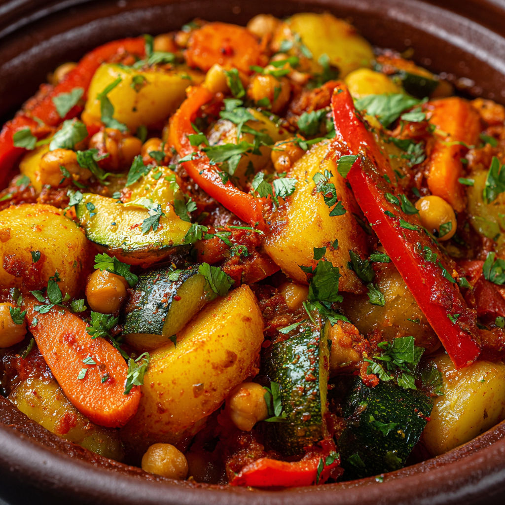 Tajine végétarien traditionnel aux légumes mijotés, cumin et paprika doux aux notes orientales.