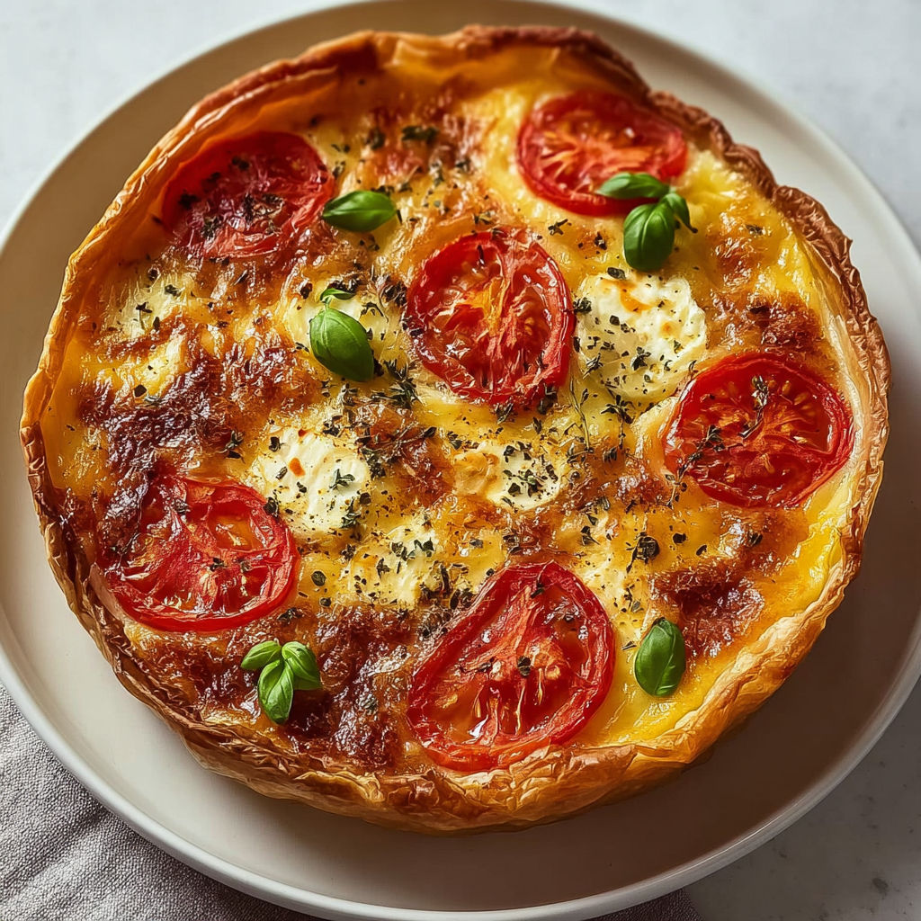 Une tarte chèvre et tomate fondante est servie sur un plateau.