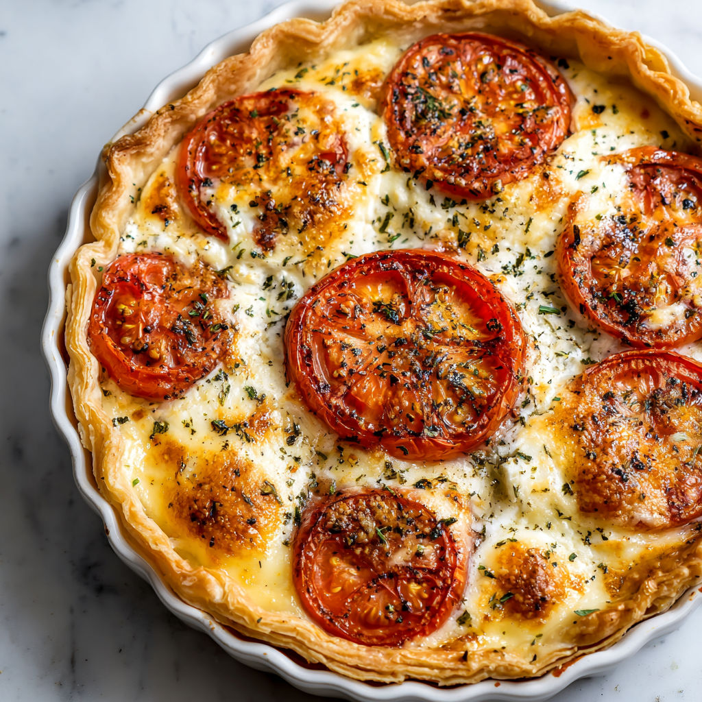 Tarte rustique tomate et chèvre fondant à la moutarde fine et herbes de Provence.