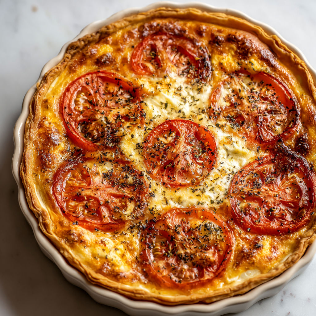 Tarte feuilletée au chèvre crémeux et tomates rôties, parfumée au basilic et huile d’olive.