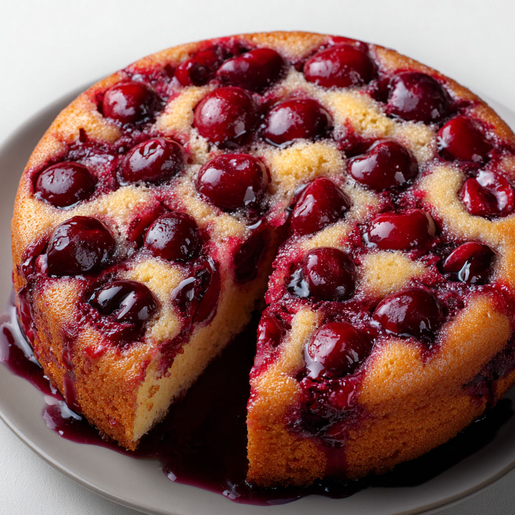 Une portion de gâteau moelleux aux cerises, sirop de verveine, sur un plateau.