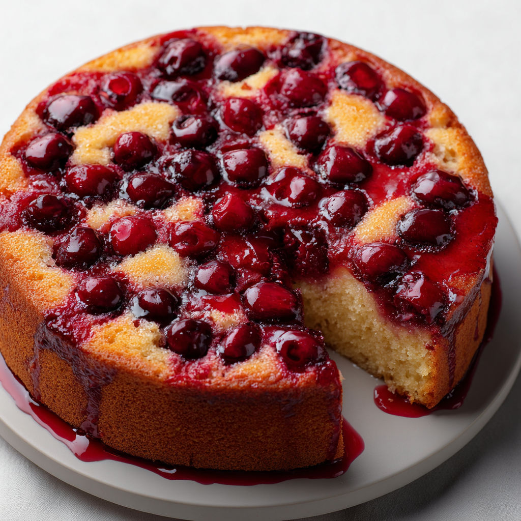 Gâteau moelleux aux cerises nappé de sirop parfumé à la verveine fraîche.