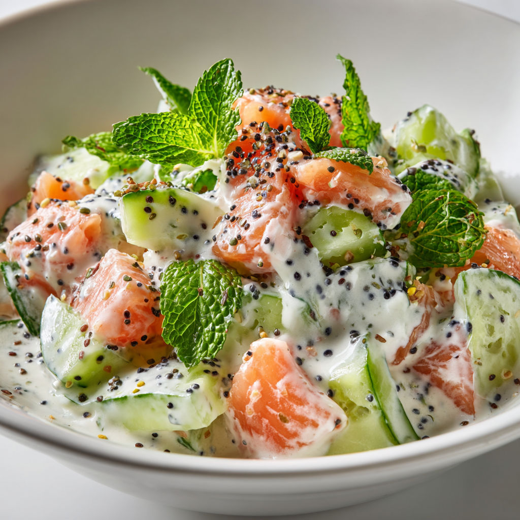 Une salade de concombre au fromage blanc et au saumon, avec des herbes fraîches et des noix de coco, est servie dans un bol.