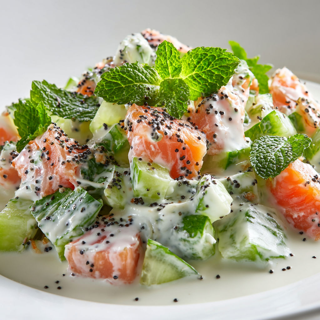 Salade fraîche de concombre au fromage blanc, saumon vapeur et citron parfumé.