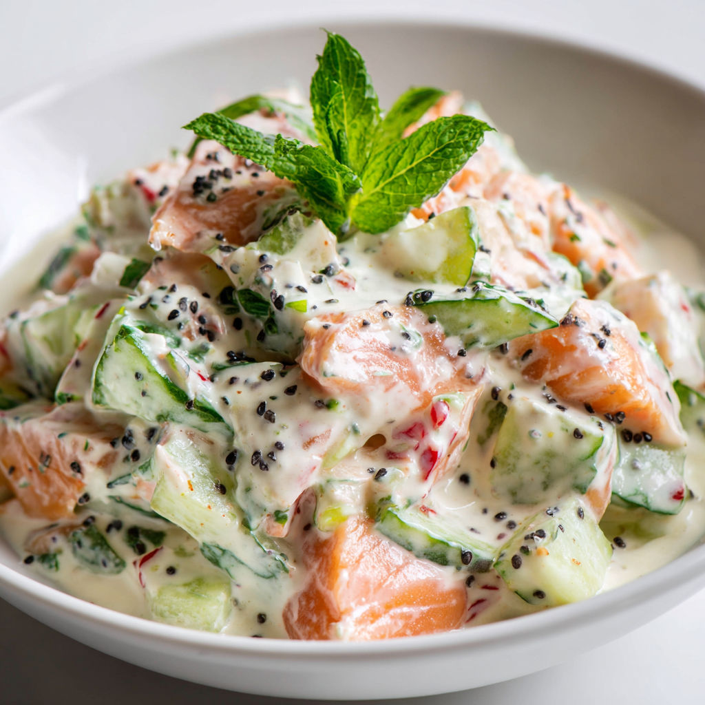 Salade légère de concombre croquant, saumon émietté et sauce onctueuse au fromage blanc et menthe.