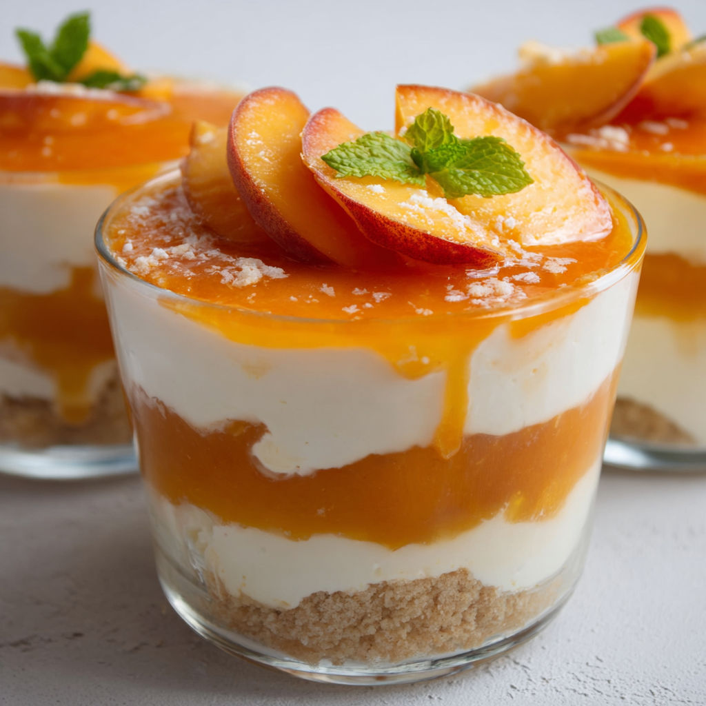 Un dessert de parfait au mascarpone et aux pêches, avec des pêches sur le dessert.