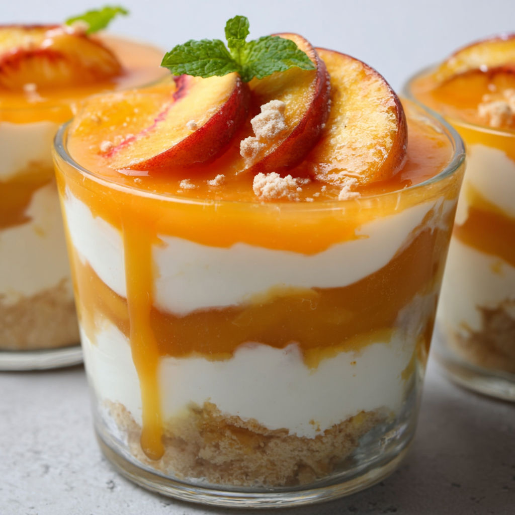 Parfait pêche-mascarpone aux éclats de miel et vanille.