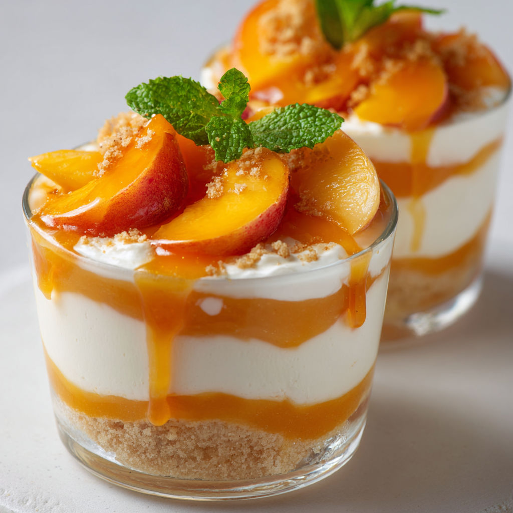 Verrines crémeuses aux pêches fraîches et mascarpone vanillé façon dessert léger.