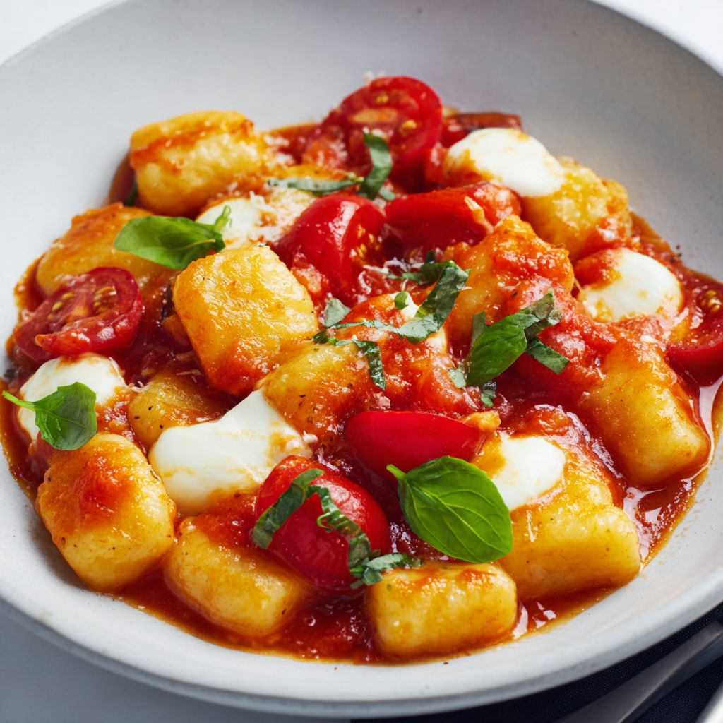 Gnocchis maison fondants à la sauce tomate et mozzarella gratinée.
