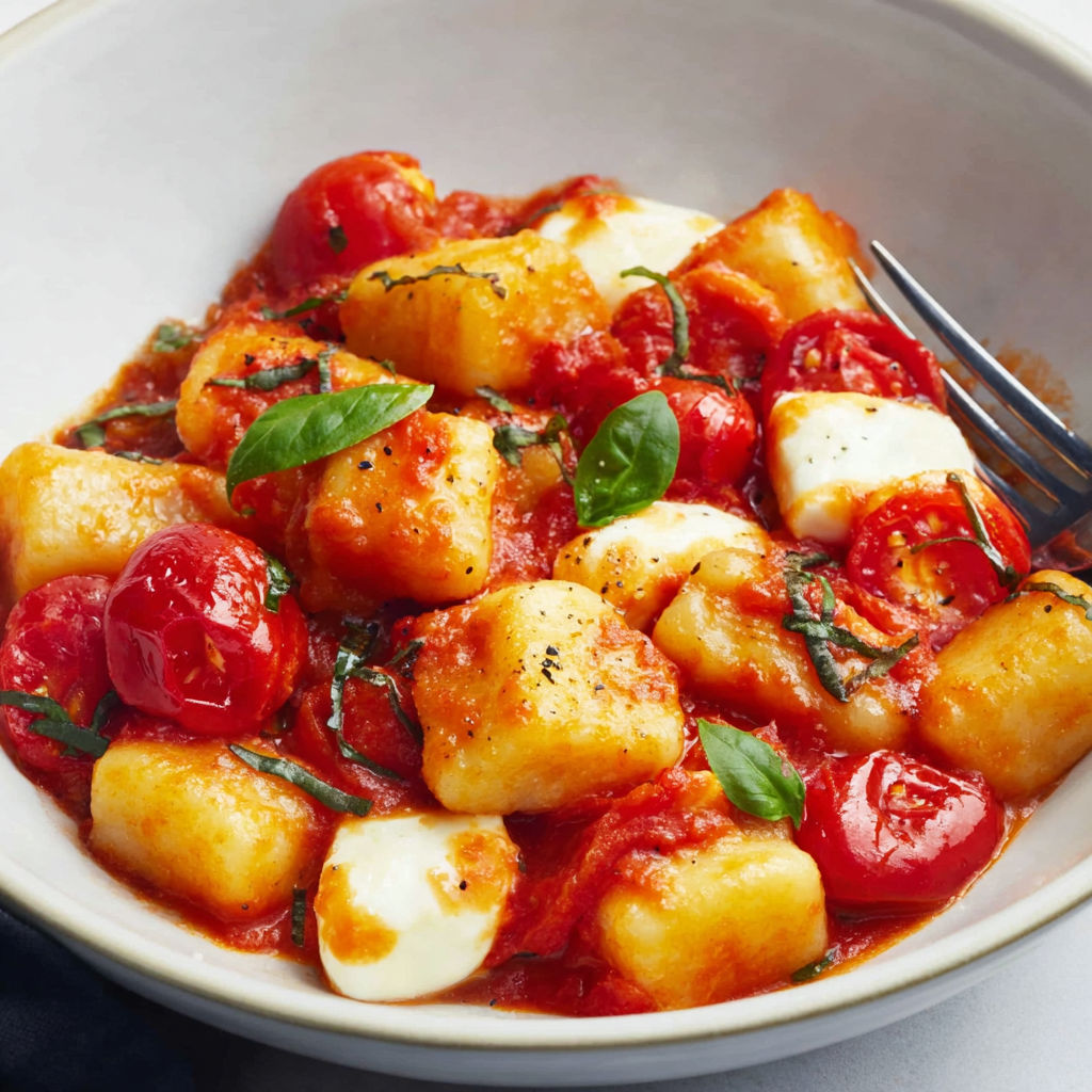 Gnocchis frais aux tomates cerises rôties et cœur fondant de mozzarella.