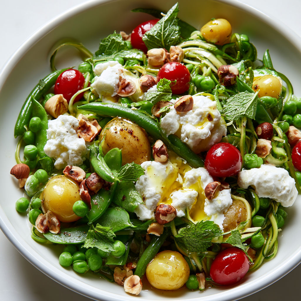 Une salade de légumes tièdes et ricotta maison est servie dans un bol en verre.