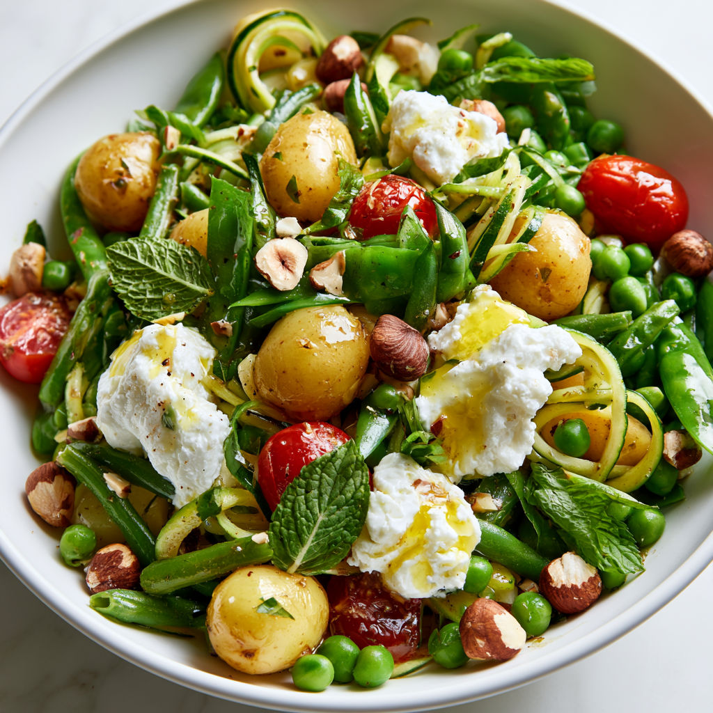 Salade de légumes de saison tièdes, noisettes grillées et ricotta fraîche maison.