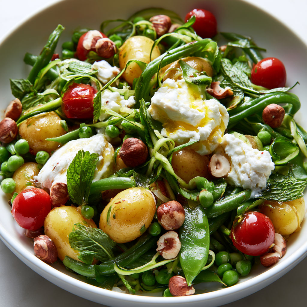 Salade de légumes fondants sautés, ricotta maison et vinaigrette aux échalotes.