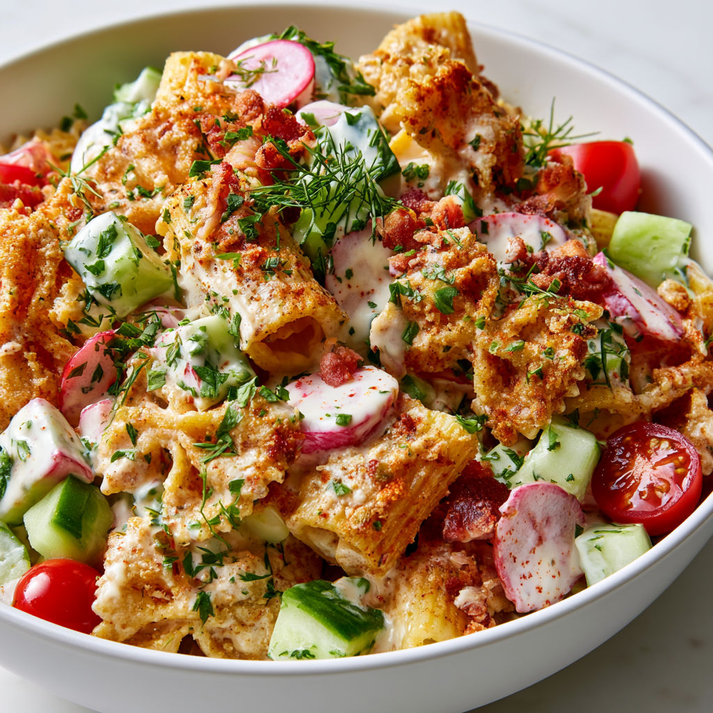 Salade de pâtes croustillantes au parmesan et légumes croquants.