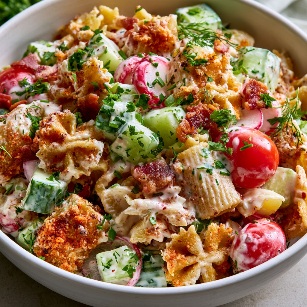 Pâtes dorées au parmesan, salade fraîche au yaourt et bacon grillé.