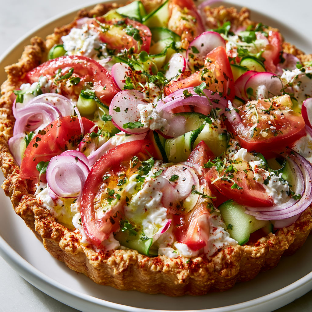 Une tarte aux légumes, avec des tomates, des cucumbers, des oignons, des herbes et du fromage, est servie sur un plateau.