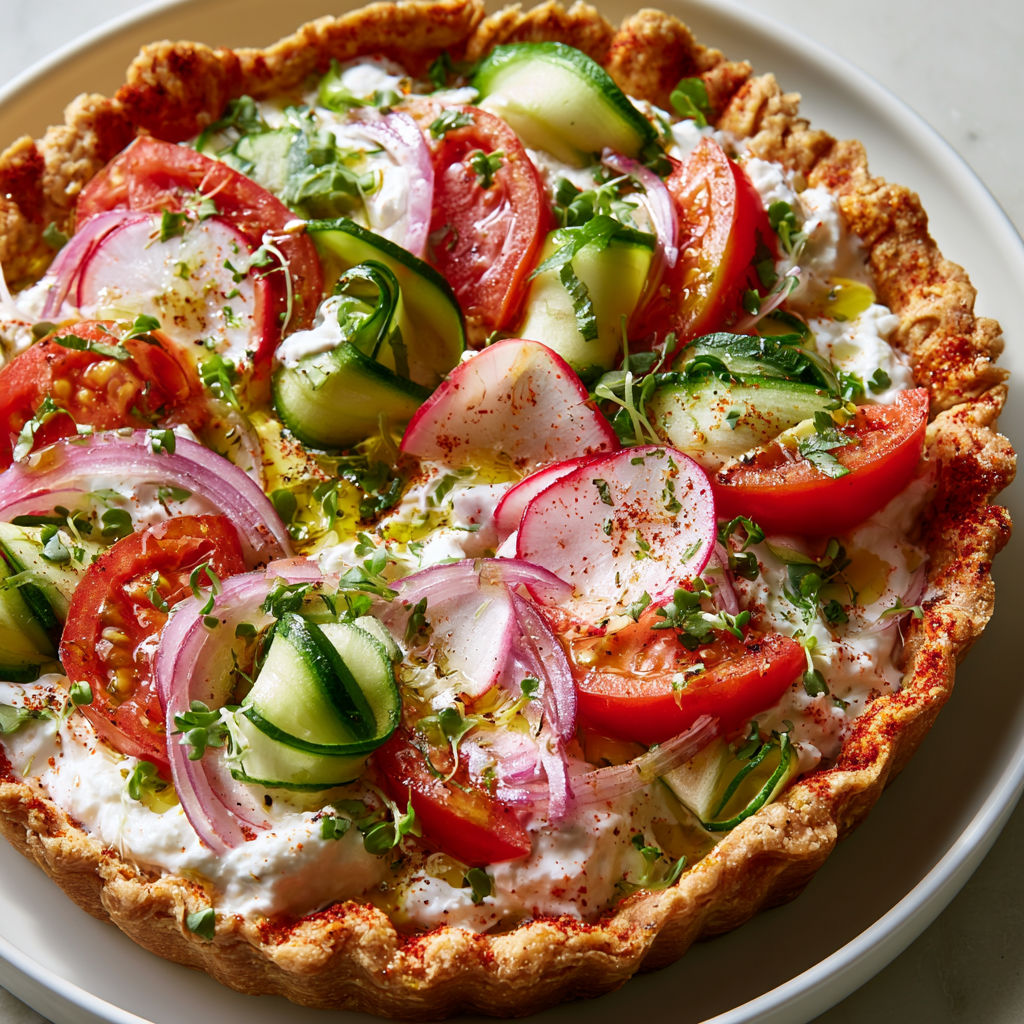 Tarte fine aux légumes de saison, burrata fondante et huile parfumée au paprika fumé.
