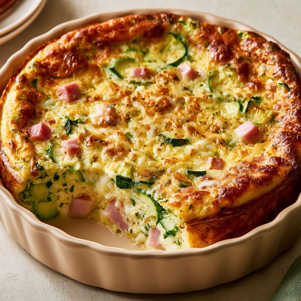 Clafoutis fondant aux courgettes, jambon fumé et fromage gratiné.