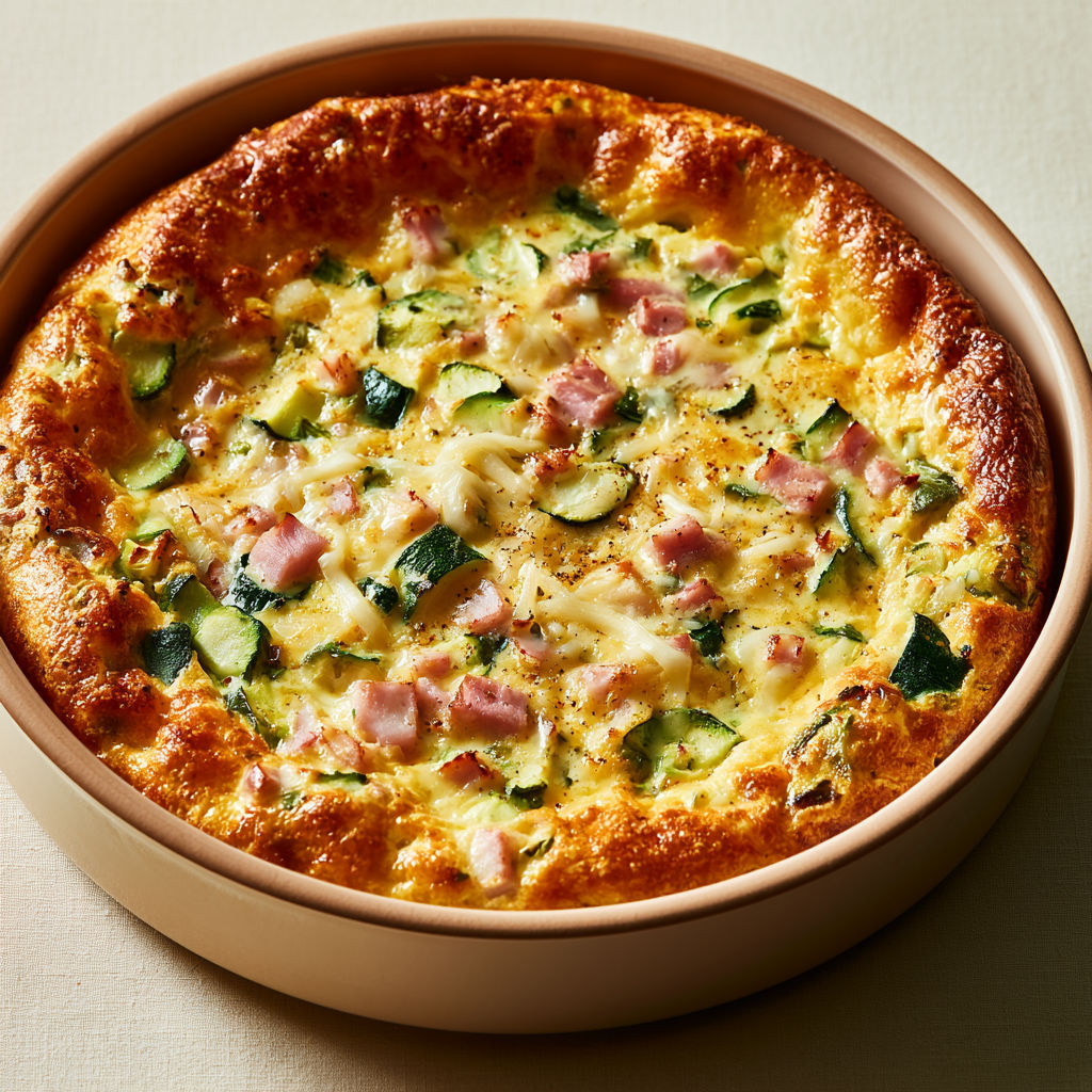 Clafoutis salé gourmand aux courgettes, jambon et cœur de mozzarella fondante.