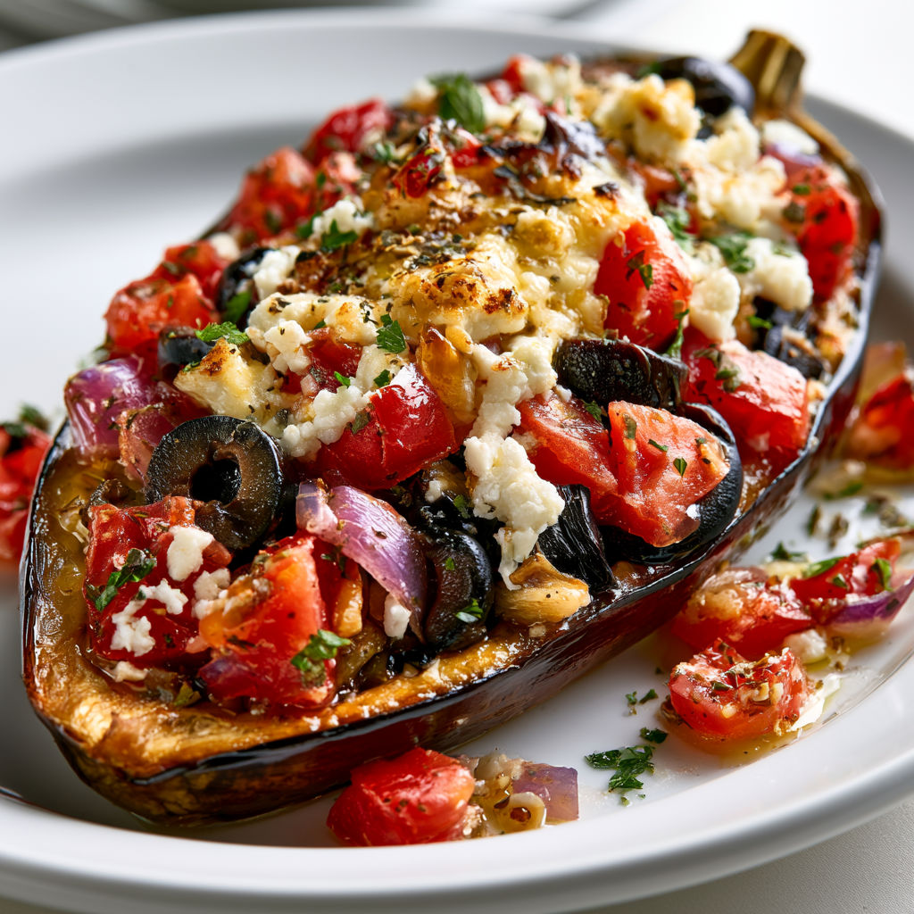 Une aubergine farcie à la grecque avec des tomates et des olives.
