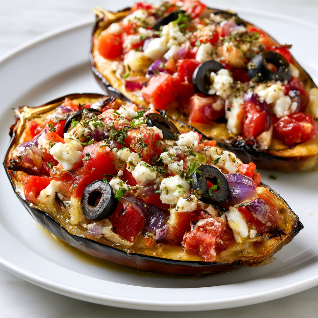 Aubergines rôties façon méditerranéenne aux légumes et fromage.