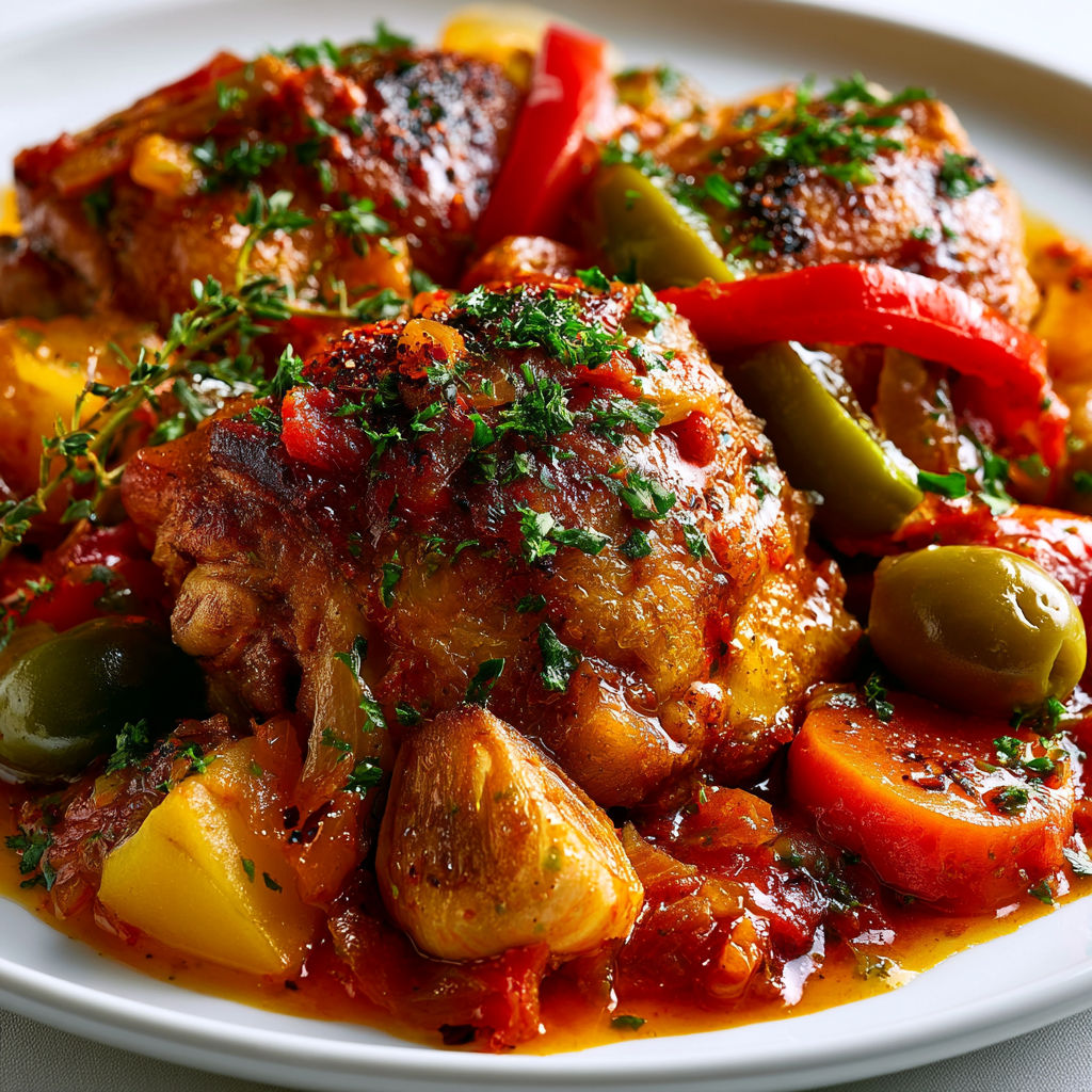 Poulet mijoté aux légumes façon méditerranéenne.