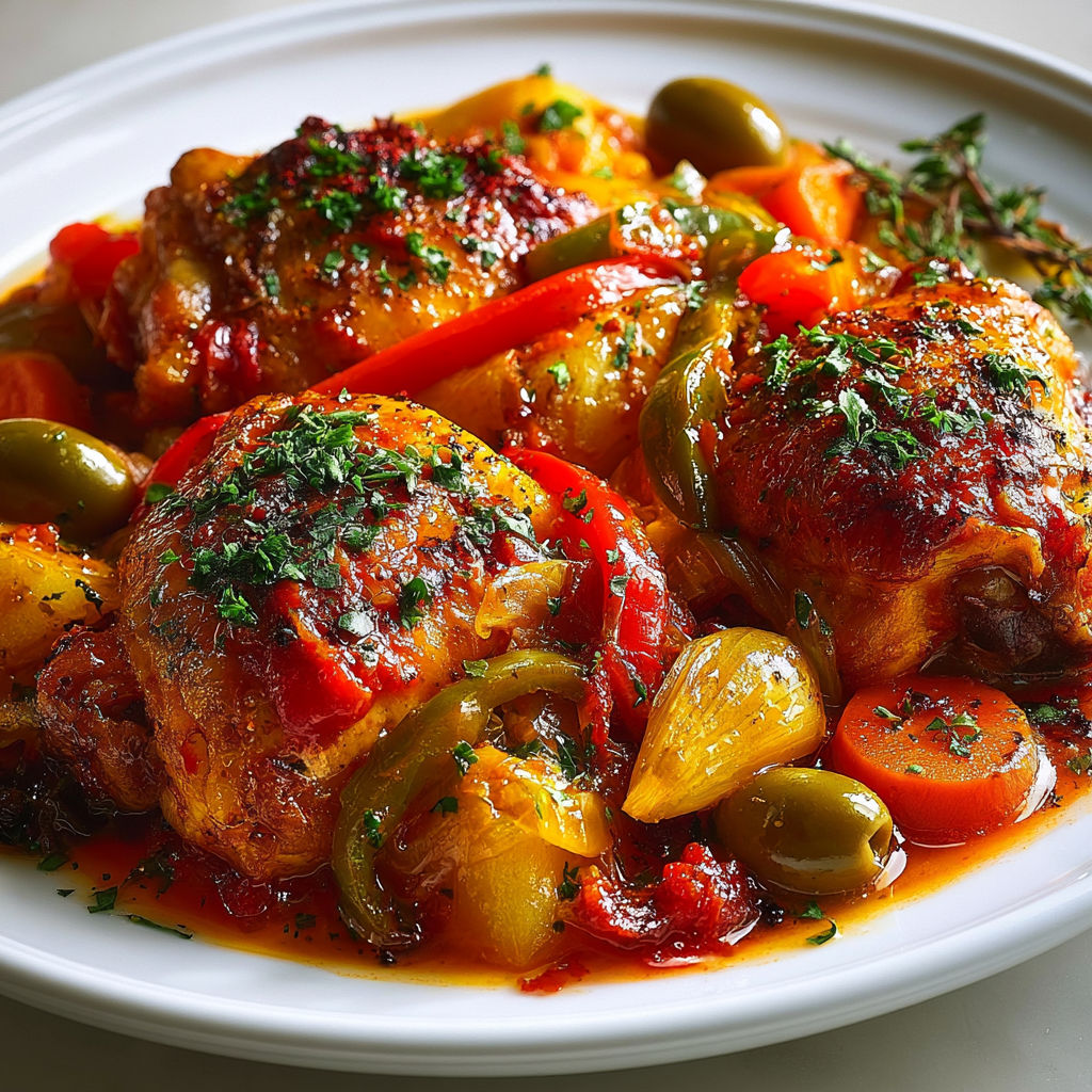 Poulet mijoté aux saveurs catalanes et olives vertes.