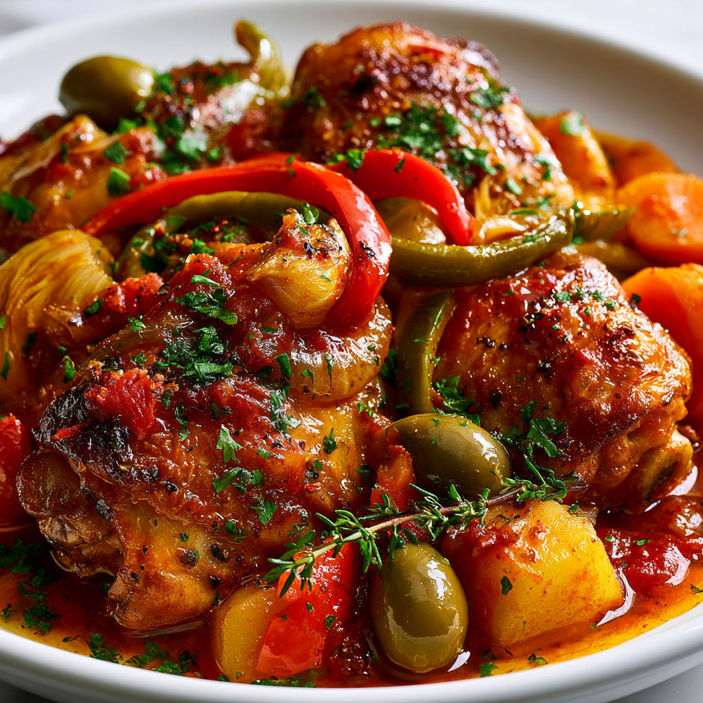 Ragoût de poulet aux poivrons et pommes de terre fondantes.