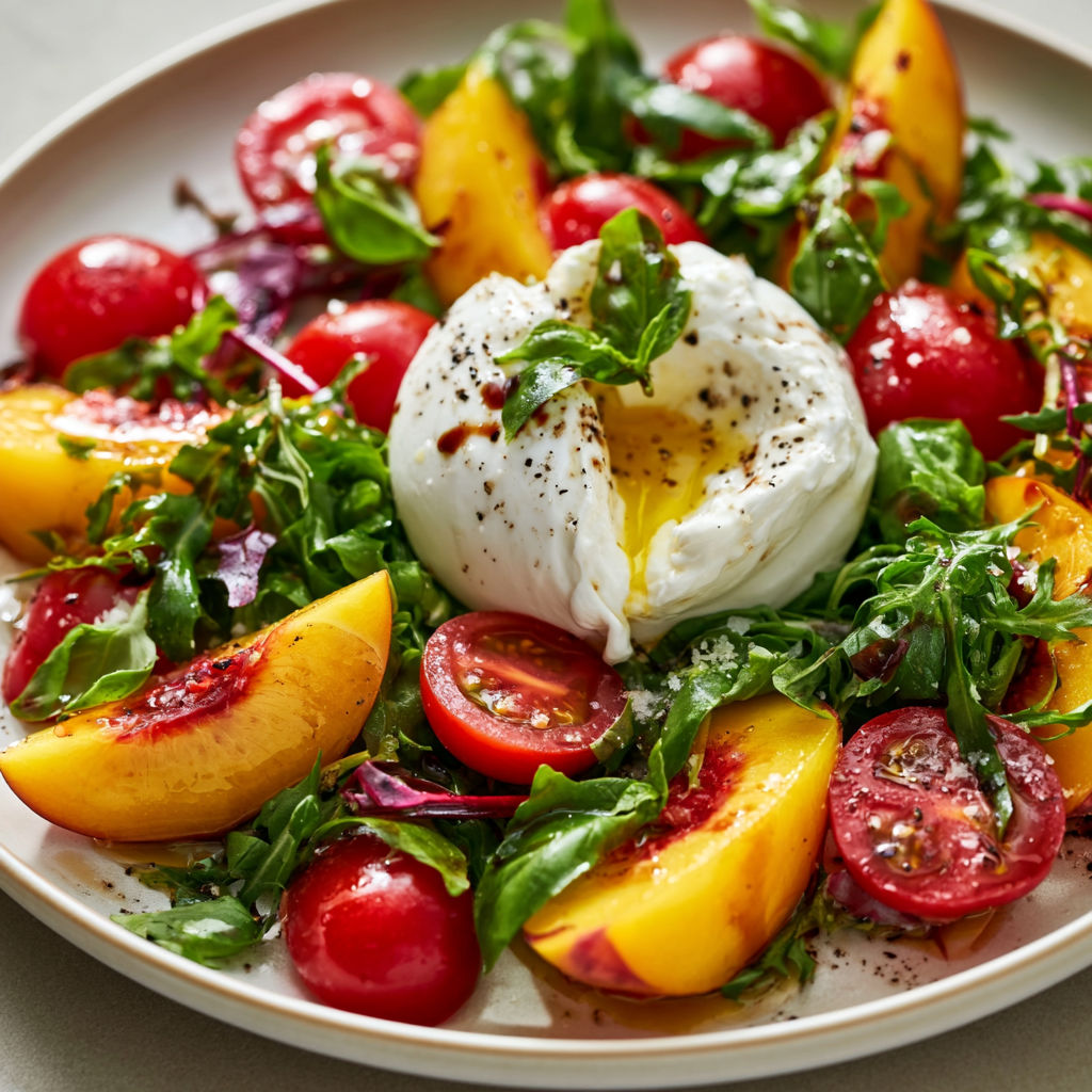 Une salade estivale composée de tomates, de pêches et de burrata.
