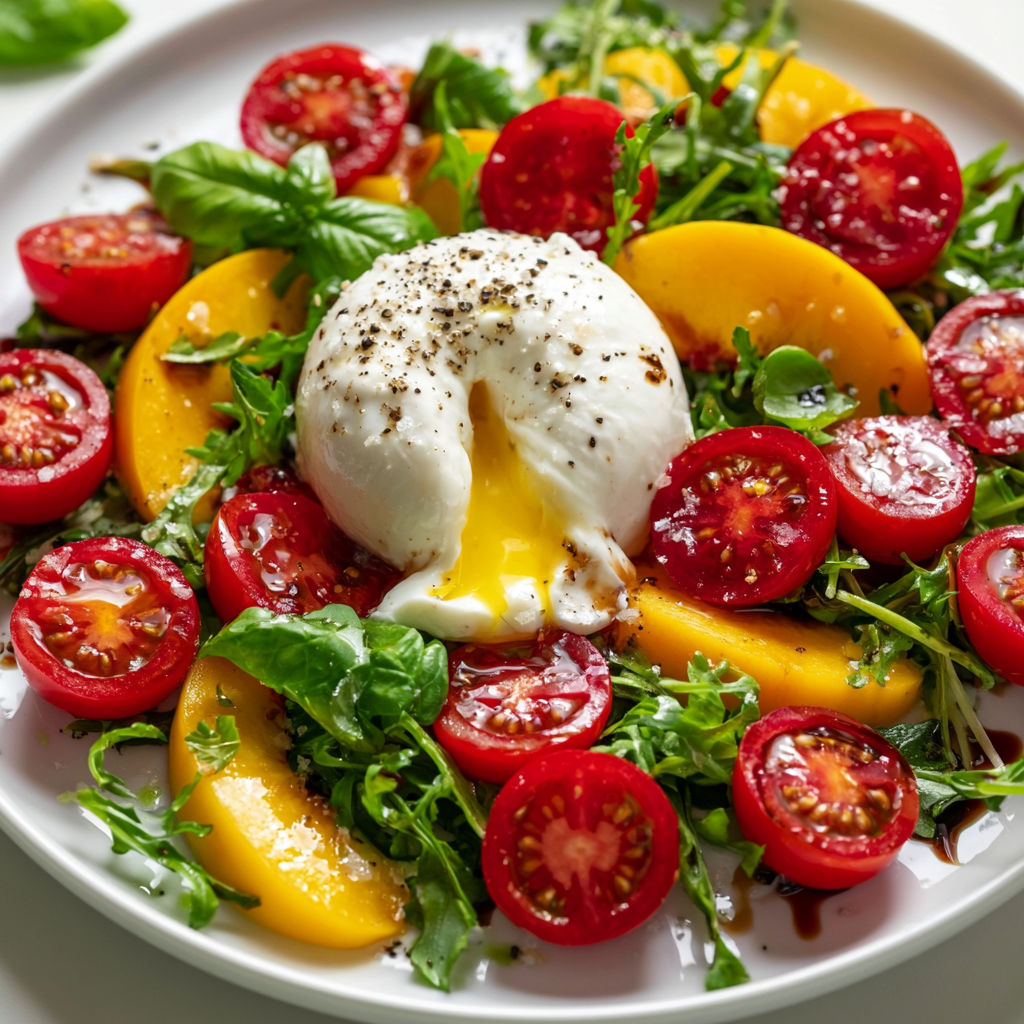 Salade fraîcheur d’été aux tomates cerises juteuses, pêches sucrées et burrata crémeuse, relevée d’huile d’olive.