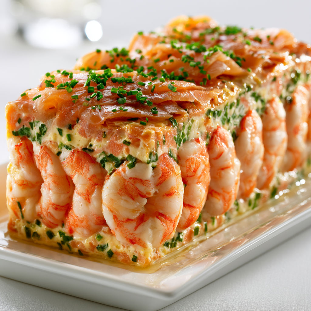 Une terrine de saumon et crevettes frais et grillées, servie sur un plateau.