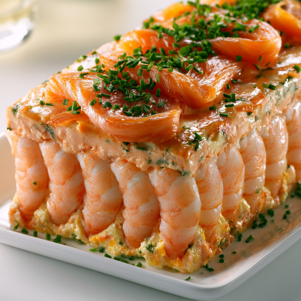 Terrine de saumon et crevettes à la texture fondante et parfum de ciboulette fraîche.